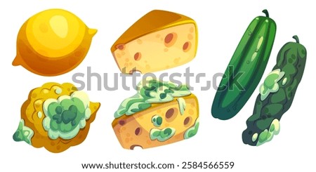 Rotten food set isolated on white background. Vector cartoon illustration of spoiled lemon, cheese, cucumber with dirty mold and fungus on skin, waste fruit, dairy product and vegetable, organic trash