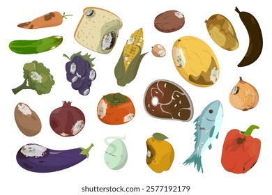 Rotten food set vector isolated. Collection of expired products. Moldy fruits and vegetables. Damaged meat, fish and bread. Organic waste. Spoiled corn, carrot and cucumber.