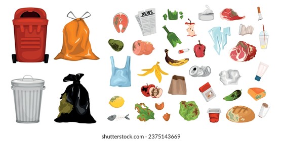 Rotten food and trash containers cartoon set of fruits vegetables and meat products unsuitable for use isolated vector illustration