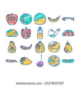 rotten food waste doodle icons set vector. sketch line art rubbish bad, trash, garbage fruit, vegetable bin, dirty kitchen, junk, reduce rotten food waste color illustrations