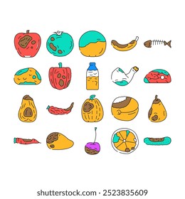 rotten food waste icons set vector. rubbish bad, trash, garbage fruit, vegetable bin, dirty kitchen, junk, reduce rotten food waste color Contour Illustrations