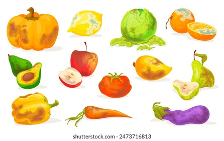 Frutas y verduras podridas. Frutas podridas vegetal enmohecido ambiente estropeado, mala putrefacción comida colección cocina basura jardín, alimentos basura Ilustración vectorial ordenada de alimentos fruta, podrido y desperdicios