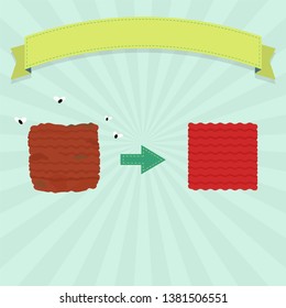 Rotten ground meat with flies and fresh ground meat. Blank ribbon for insert text.