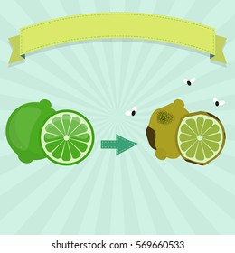 Rotten lime or lemon with flies and fresh lime. Blank ribbon for insert text.