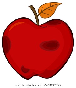 Rotten Red Apple Fruit With Leaf Cartoon Drawing Simple Design. Vector Illustration Isolated On White Background