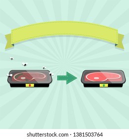 Rotten steak tray with flies and fresh steak tray. Labels with red and green arrows, up and down, indicating food out of date. Validity. Blank ribbon for insert text.