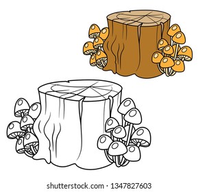 Rotten stump overgrown with mushrooms toadstools color and outlined for coloring page