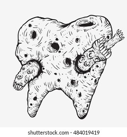 rotten tooth by worm illustration drawing cartoon line art no color
