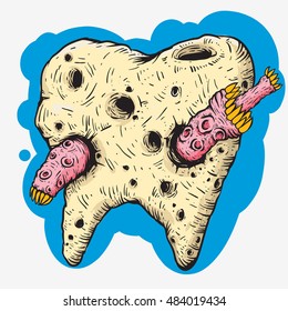 rotten tooth by worm illustration drawing cartoon line art colored