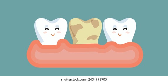 
Rotten Unhealthy Tooth in a Mouth Vector Cartoon Illustration. Bad molar with coffee stains and yellow color among healthy teeth 
