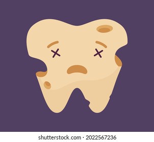 Rotten unhealthy unhappy giant tooth, dirty and weak stomatology symbol. Sad face, result of bad careful toothbrushing routine, no oral care, hygiene, treat, with caries, decay. Vector illustration