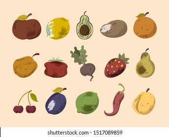 Rotten Vegetable And Fruit Vector Isolated. Food Waste Collection. Dirty, Bad And Unhealthy Fruits. Food Trash.