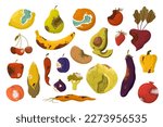 Rotten vegetables and fruit set vector illustration. Cartoon bad unhealthy products from kitchen litter and waste bin, collection of moldy expired food ingredients with brown skin, rot and mold