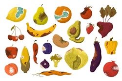 Rotten Vegetables And Fruit Set Vector Illustration. Cartoon Bad Unhealthy Products From Kitchen Litter And Waste Bin, Collection Of Moldy Expired Food Ingredients With Brown Skin, Rot And Mold