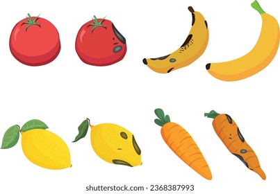 Rotten vegetables and fruits. 
tomato lemon banana carrot. rotten vegetables and fruits. rotten carrots. old New. fresh stale