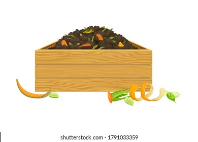 Rotten Vegetables Piled in Wooden Crate as Organic Fertilizer for Soil and Plant Growth Vector Illustration