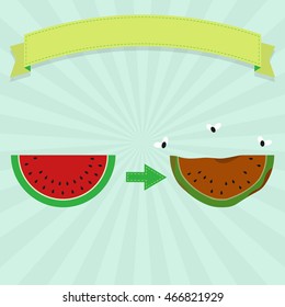 Rotten watermelon with flies and new watermelon. Blank ribbon for insert text.