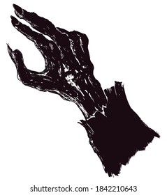 Rotten zombie arm with sleeve silhouette in hand drawn style, isolated over white background.