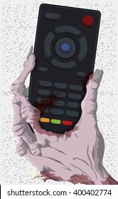 Rotten zombie hand with a bloody TV control and a tv with noise screen in the background.
