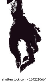 Rotten zombie hand silhouette in hand drawn style holding from above, over white background.