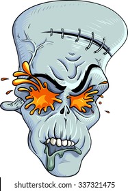 Rotten zombie skull with burst eyes. Halloween comic character illustration. Decaying light blue dead monster head isolated on white background. Vector artwork.