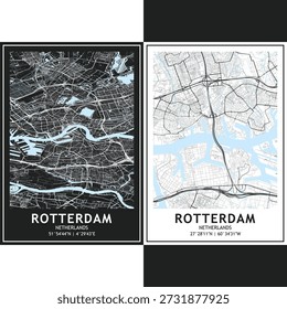 Rotterdam city map vector set, bundle of dark and light minimalist urban roadmap with scalable street grid, highways, and planning layout