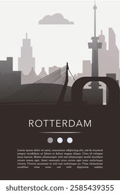 Rotterdam city template for website, presentation, front page, invitation, publication sheet with skyline, landmarks. Vector Netherlands image layout, simple and grayscale