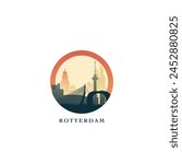 Rotterdam cityscape, gradient vector badge, flat skyline logo, icon. Netherlands, Holland city round emblem idea with landmarks and building silhouettes. Isolated graphic