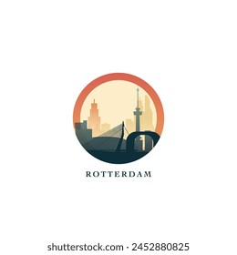 Paysage urbain de Rotterdam, badge à pente  Image vectorielle, logo à plat, icône. Pays-Bas, Hollande, idée d'emblème rond avec points d'intérêt et silhouettes de construction. Graphique isolé