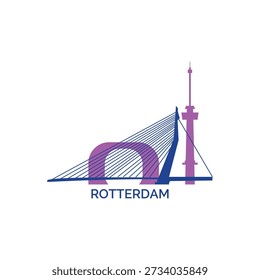 Rotterdam cityscape, skyline, panoramic vector logo, icon, clipart. Netherlands city emblem contour with landmarks and buildings silhouettes