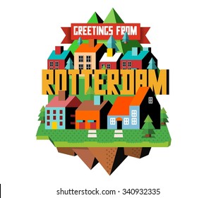Rotterdam in Holland is Beautiful city to visit on holiday, vector cartoon illustration