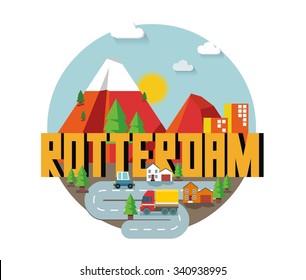 Rotterdam in Holland is Beautiful city to visit on holiday, vector cartoon illustration