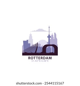 Rotterdam logo with skyline, cityscape retro vector icon. Netherlands, Holland city horizon, facade, travel logotype