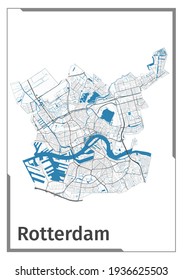 Rotterdam map poster, administrative area plan view. Black, white and blue detailed design map of Rotterdam city with rivers and streets. Outline silhouette of metropolitan cityscape.