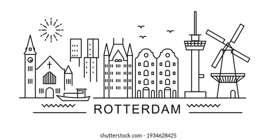 Rotterdam minimal style City Outline Skyline with Typographic. Vector cityscape with famous landmarks. Illustration for prints on bags, posters, cards. 