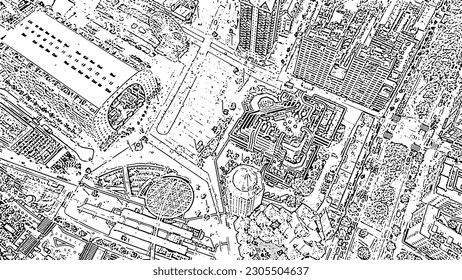 Rotterdam, Netherlands. The center of the district Stadsdriehoek. Houses from top view. Doodle sketch style. Aerial view