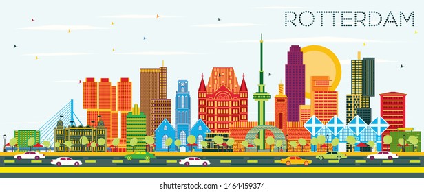 Rotterdam Netherlands City Skyline with Color Buildings and Blue Sky. Business Travel and Tourism Concept with Modern Architecture. Rotterdam Cityscape with Landmarks.