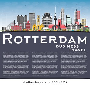 Rotterdam Netherlands City Skyline with Gray Buildings, Blue Sky and Copy Space. Vector Illustration. Business Travel and Tourism Concept with Modern Architecture. Rotterdam Cityscape with Landmarks.