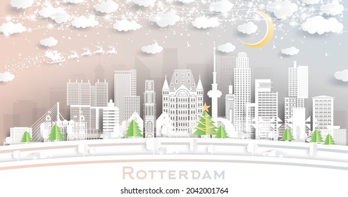 Rotterdam Netherlands City Skyline in Paper Cut Style with Snowflakes, Moon and Neon Garland. Vector Illustration. Christmas and New Year Concept. Santa Claus on Sleigh. Rotterdam Cityscape.