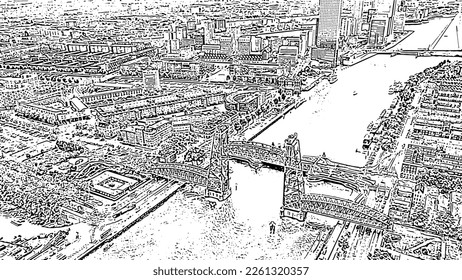 Rotterdam, Netherlands. De Hef Drawbridge and Koninginnebrug Bridge. Doodle sketch style. Aerial view