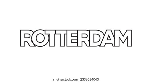 Rotterdam in the Netherlands emblem for print and web. Design features geometric style, vector illustration with bold typography in modern font. Graphic slogan lettering isolated on white background.