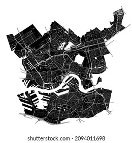  Rotterdam, Netherlands, high resolution vector map with city boundaries, and editable paths. The city map was drawn with white areas and lines for main roads, side roads and watercourses on black