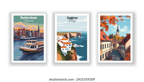 Rotterdam, netherlands. Roztocze, Poland. Sagres, Portugal - Set of 3 Vintage Travel Posters. Vector illustration. High Quality Prints