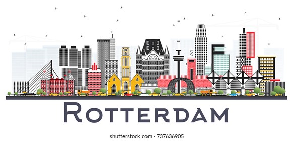 Rotterdam Netherlands Skyline with Gray Buildings Isolated on White Background. Vector Illustration. Business Travel and Tourism Concept with Modern Architecture.