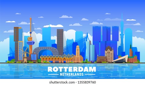 Rotterdam the Netherlands skyline with panorama at sky background. Vector Illustration. Business travel and tourism concept with modern buildings. Image for banner or web site 