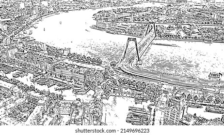 Rotterdam, Netherlands. Williamsburg Suspension Bridge over the Nieuwe Maas River. Doodle sketch style. Aerial view