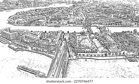 Rotterdam, Netherlands. Williamsburg Suspension Bridge over the Nieuwe Maas River. Doodle sketch style. Aerial view