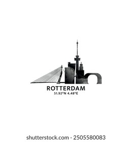 Rotterdam panorama, vector badge, skyline logo and icon. Netherlands city horizon logotype with landmarks and building silhouettes. Isolated foggy abstract gradient graphic