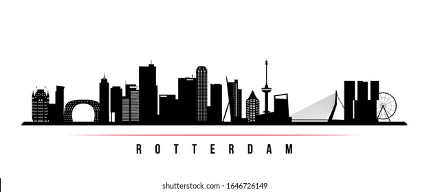 Rotterdam skyline horizontal banner. Black and white silhouette of Rotterdam, Netherlands. Vector template for your design. 