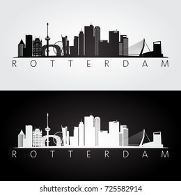 Rotterdam skyline and landmarks silhouette, black and white design, vector illustration.